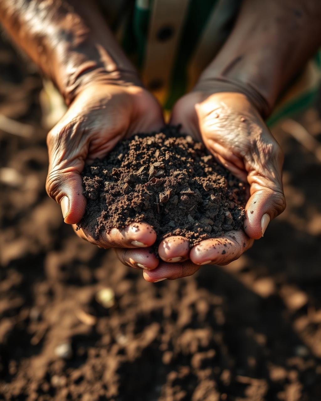 Farmer's hands cradling rich soil